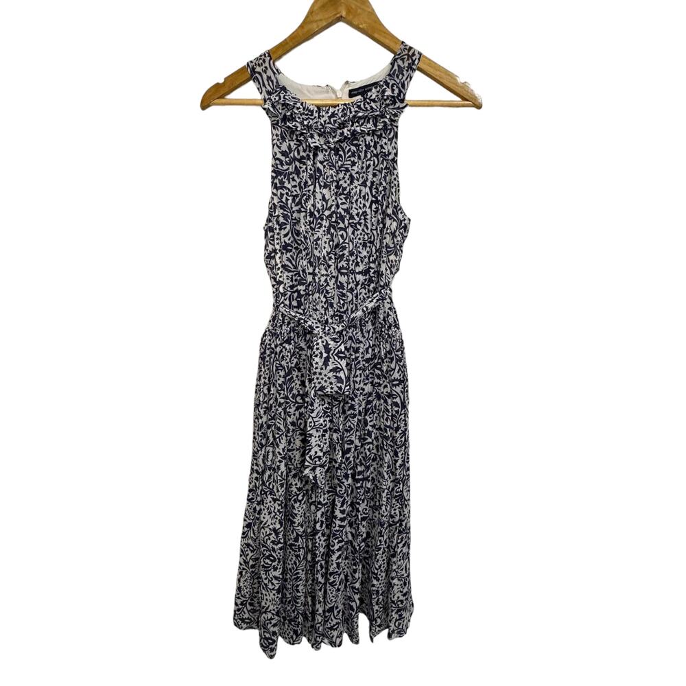 French Connection Womens Damask navy Ruffle Neck Dress‎ Size 6